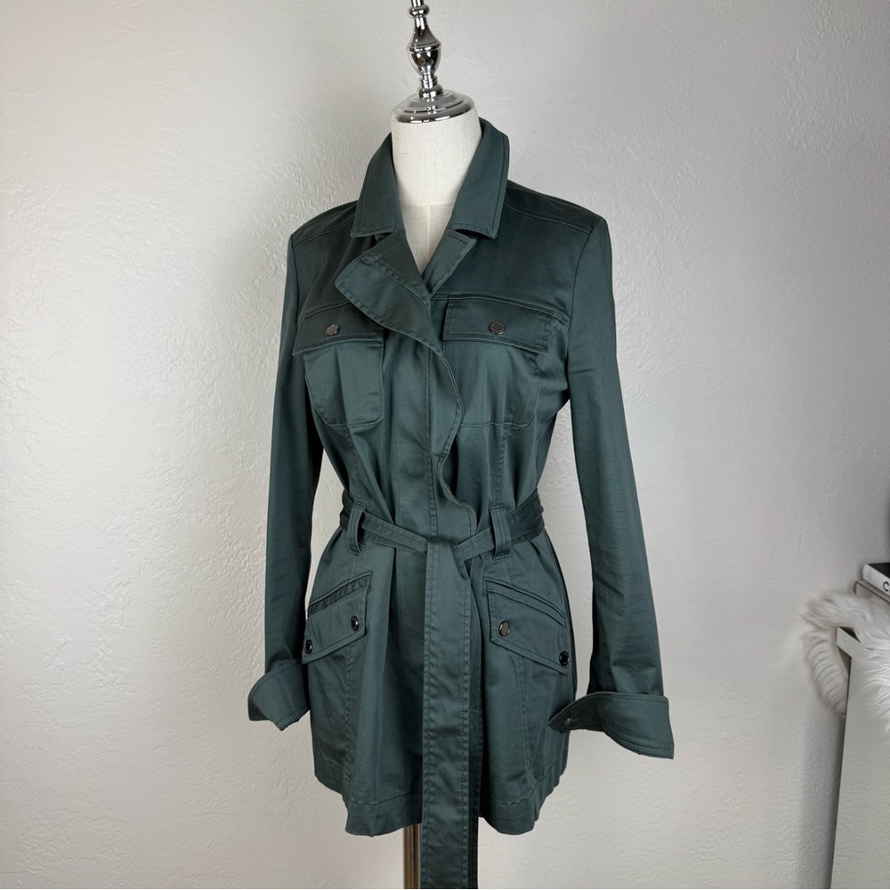 WHBM Jewel Army Green Ruffle Belted Utility Jacket 6 Cottagecore Office Chic